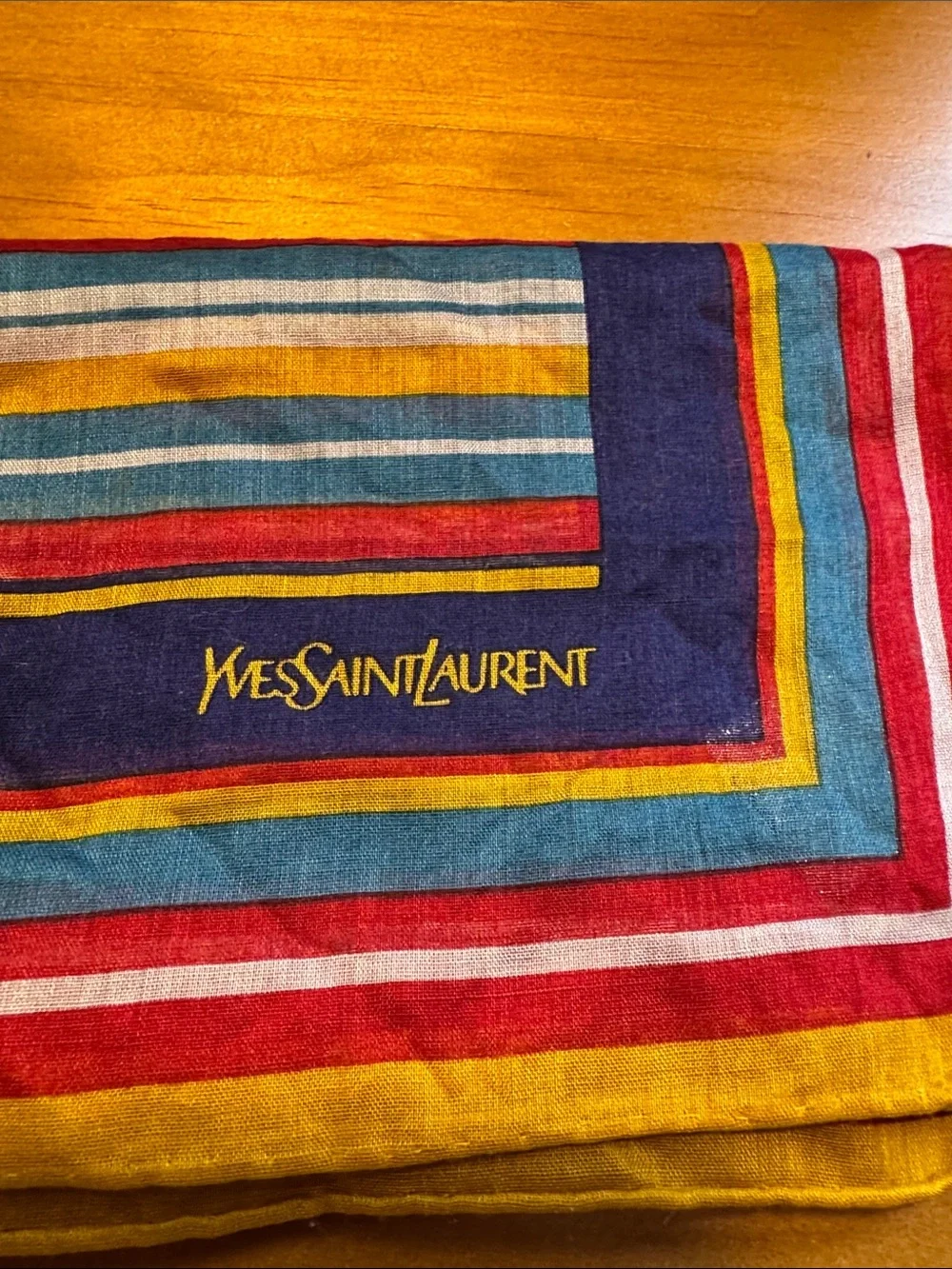Yves Saint Laurent Striped Multicolor Silk Scarf - Navy, Mustard, Red